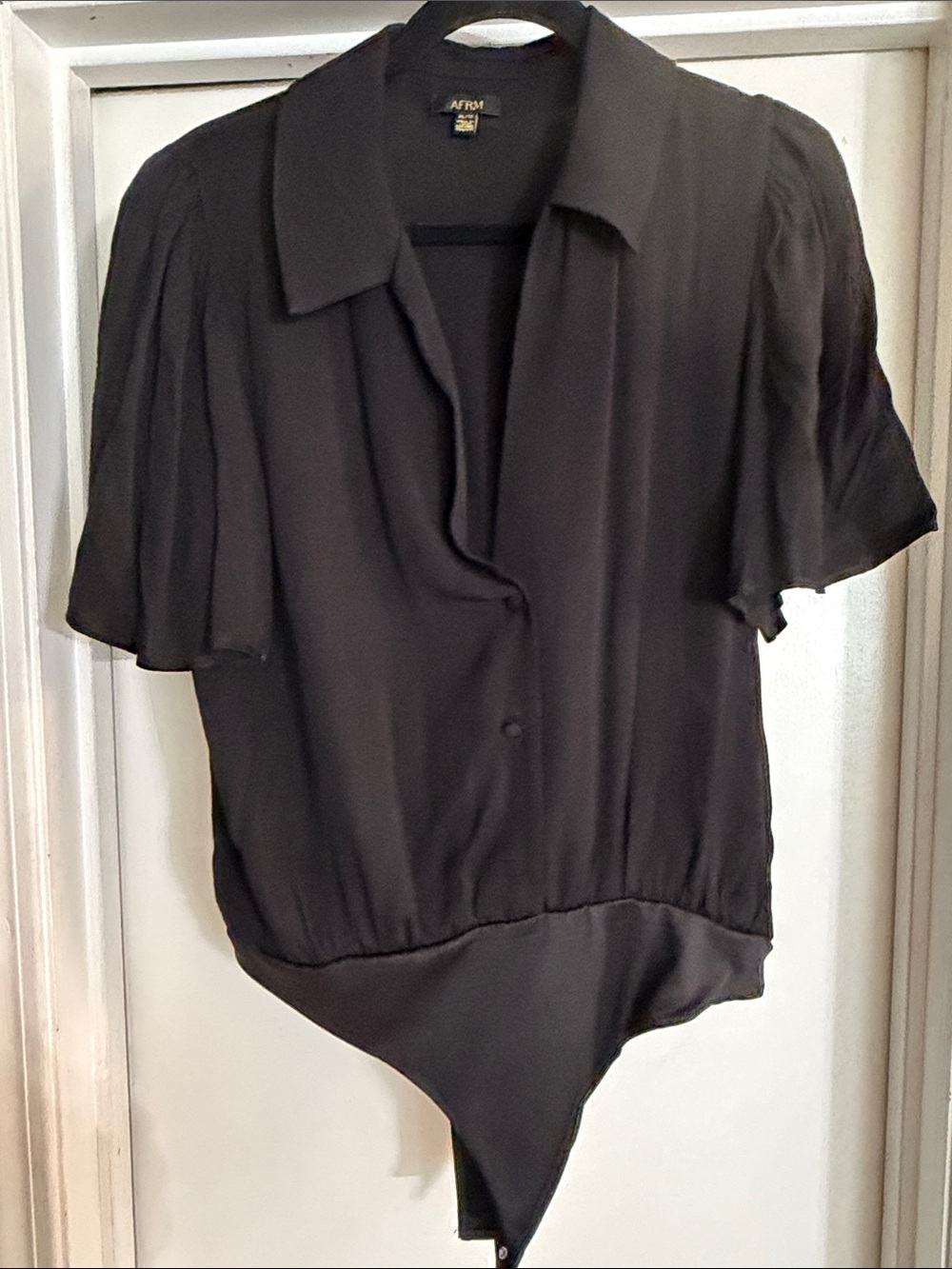 AFRM Black Short-Sleeve Collared Button-Front Bodysuit with Flutter Sleeves